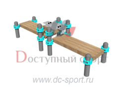 Горизонтальная гимнастическая скамья двойная с вертикальным упором для ног, к которой прикреплены две раздвижные антивандальные измерительные линейки в горизонтальной плоскости с диапазоном измерения от «+35» до «-10» см, для выполнения испытания «Наклон вперед из положения сидя на полу с прямыми ногами»